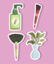 set skin care cosmetics products brushes treatment bottle herbal and plant