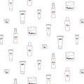 Set of skin care pattern with cream,lotion,gel,toner,spray,mask,moisturizer.Packaging pot. Hand drawn vector illustration.