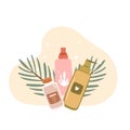 Set of skincare products with plant in background. Flat vector beauty illustration