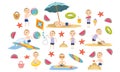 Set skinny blond boy in various poses in summer clothes and swimsuits on the beach