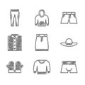 Set Skirt, Sweater, Men underpants, Elegant women hat, Christmas mittens, Shirt, Short or and Leggings icon. Vector Royalty Free Stock Photo