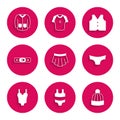 Set Skirt, Swimsuit, Winter hat, Men underpants, Belt, Waistcoat and Sweater icon. Vector Royalty Free Stock Photo