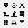 Set Skull, Anchor, Crossed pirate swords, Wooden barrel, Boat with oars, leg, Leather boots and Pirate parrot icon