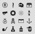 Set Skull, Anchor, Decree, parchment, scroll, Location pirate, Lifebuoy, Cannon, Pirate coin and Ship steering wheel