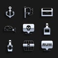 Set Skull, Antique treasure chest, Alcohol drink Rum, Pirate bandana for head, and Anchor icon. Vector