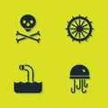 Set Skull on crossbones, Jellyfish, Periscope and Ship steering wheel icon. Vector