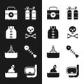 Set Skull on crossbones, Life jacket, First aid kit, Aqualung, Floating buoy, Dead fish, Diving mask and snorkel and