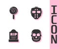 Set Skull, Lollipop, Tombstone with RIP written and Hockey mask icon. Vector