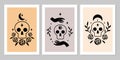 Set of skull magic symbols icon esoteric witch tattoos with crescent moon, rose flower, branch of leaves, star. Royalty Free Stock Photo