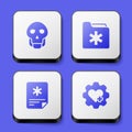 Set Skull, Medical health record folder, Patient and Heart with cross icon. White square button. Vector