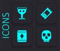 Set Skull, Medieval goblet, Circus ticket and Magic carpet icon. Black square button. Vector Royalty Free Stock Photo