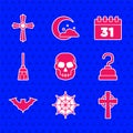 Set Skull, Spider web, Tombstone with cross, Pirate hook, Flying bat, Witches broom, Calendar Halloween and icon. Vector