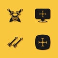 Set Skull with sword, Crusade, Medieval arrows and icon with long shadow. Vector