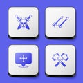 Set Skull with sword, Medieval arrows, Crusade and Crossed battle hammers icon. White square button. Vector