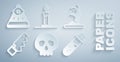 Set Skull, Zombie hand, Hand saw, Bottle with potion, Burning candle in candlestick and Masons icon. Vector