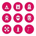 Set Skull, Zombie hand, Scythe, mask, Crossed bones, crossbones, Tombstone with RIP and Witch hat icon. Vector
