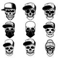 Set of skulls in baseball cap and bandana. Design element for logo, label, sign, poster, banner.