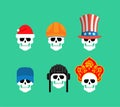 Set of skulls in hats. Statue of Liberty and Uncle Sam. Russian kokoshnik and building helmet. Green beret and hat cylinder.