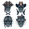 Set of skulls wearing hats, cowboys, steampunk, helmets and pirates, color version