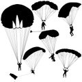 Set skydiver, silhouettes parachuting vector illustration