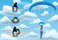 Set of skydivers parachutist characters. Skydiver man and woman flying in the blue cloudy sky. Tandem skydiving. Royalty Free Stock Photo