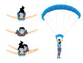 Set of skydivers parachutist characters. Skydiver man and woman flying. Tandem skydiving.