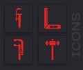 Set Sledgehammer, Calliper or caliper and scale, Corner ruler and Clamp tool icon. Vector