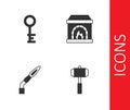 Set Sledgehammer, Old key, Welding torch and Blacksmith oven icon. Vector