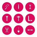 Set Sledgehammer, Shovel, Construction bubble level, Corner ruler, Scissors, Metallic screw, Wrench spanner and Hacksaw Royalty Free Stock Photo