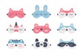 Set of sleep masks for eyes with cute animals. Night accessory to healthy sleep, travel and recreation