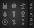 Set Sleeping bag, Kayak or canoe, Shovel, Compass, Forest, Road traffic signpost and Life jacket icon. Vector