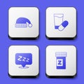 Set Sleeping hat, pill, Sleepy and icon. White square button. Vector