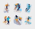 Set of sleeping people characters. Man woman and family are sleep in beds