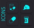 Set Sleeping pill, Dreams and icon. Black square button. Vector