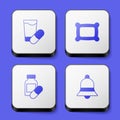 Set Sleeping pill, Pillow, and Ringing bell icon. White square button. Vector