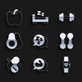Set Sleepy, Bodybuilder muscle, Smart watch, Dumbbell, Vitamin pill, Avocado fruit, and Apple icon. Vector Royalty Free Stock Photo