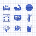 Set Sleepy, Glass with water, Bamboo, Lotus flower, Bathroom scales, Fitness ball and Time to sleep icon. Vector Royalty Free Stock Photo