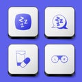 Set Sleepy, Sleeping pill and Contact lens container icon. White square button. Vector