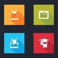 Set Sleeveless t-shirt, Bathroom scales, Sweaty sleeveless and Towel on hanger icon. Vector Royalty Free Stock Photo