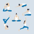 Set of slender young woman doing yoga and fitness. Healthy lifestyle. Vector illustration.