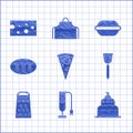 Set Slice of pizza, Blender, Cake, Spatula, Grater, Bread loaf, Macaron cookie and Cheese icon. Vector Royalty Free Stock Photo