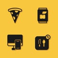 Set Slice of pizza, Food ordering, Online food and Soda can icon with long shadow. Vector