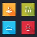 Set Slice of pizza, Fork, spoon and knife, Covered with tray and Chicken egg stand icon. Vector