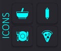 Set Slice of pizza, Mortar and pestle, Rolling pin and Plate, fork knife icon. Black square button. Vector Royalty Free Stock Photo