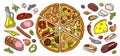 Set slice pizza Pepperoni, Hawaiian, Margherita, Mexican, Seafood, Capricciosa with ingredients. Vintage vector Royalty Free Stock Photo