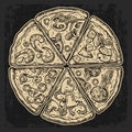 Set slice pizza Pepperoni, Hawaiian, Margherita, Mexican, Seafood, Capricciosa. Vintage vector engraving illustration Royalty Free Stock Photo