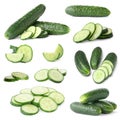 Set with sliced cucumbers on background Royalty Free Stock Photo