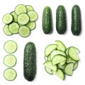 Set with sliced cucumbers on white background Royalty Free Stock Photo