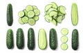 Set with sliced cucumbers on background, top view Royalty Free Stock Photo