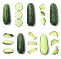 Set with sliced cucumbers on background, top view Royalty Free Stock Photo
